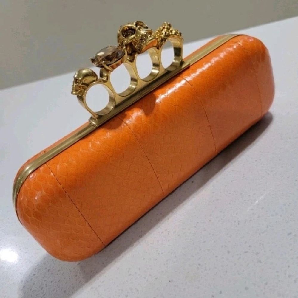 ($2545 Retail) ALEXANDER MCQUEEN Orange Python Knuckle Box Clutch Bag
